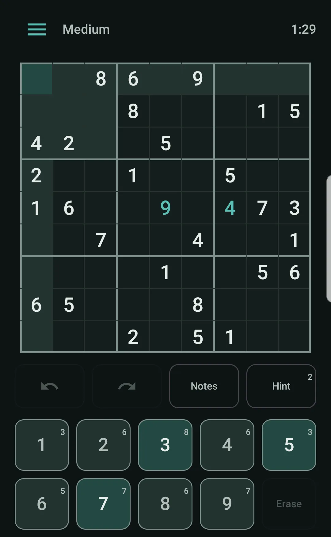 Illustration: a sudoku board and a keypad where digits that don’t fit the selected cell are dimmed